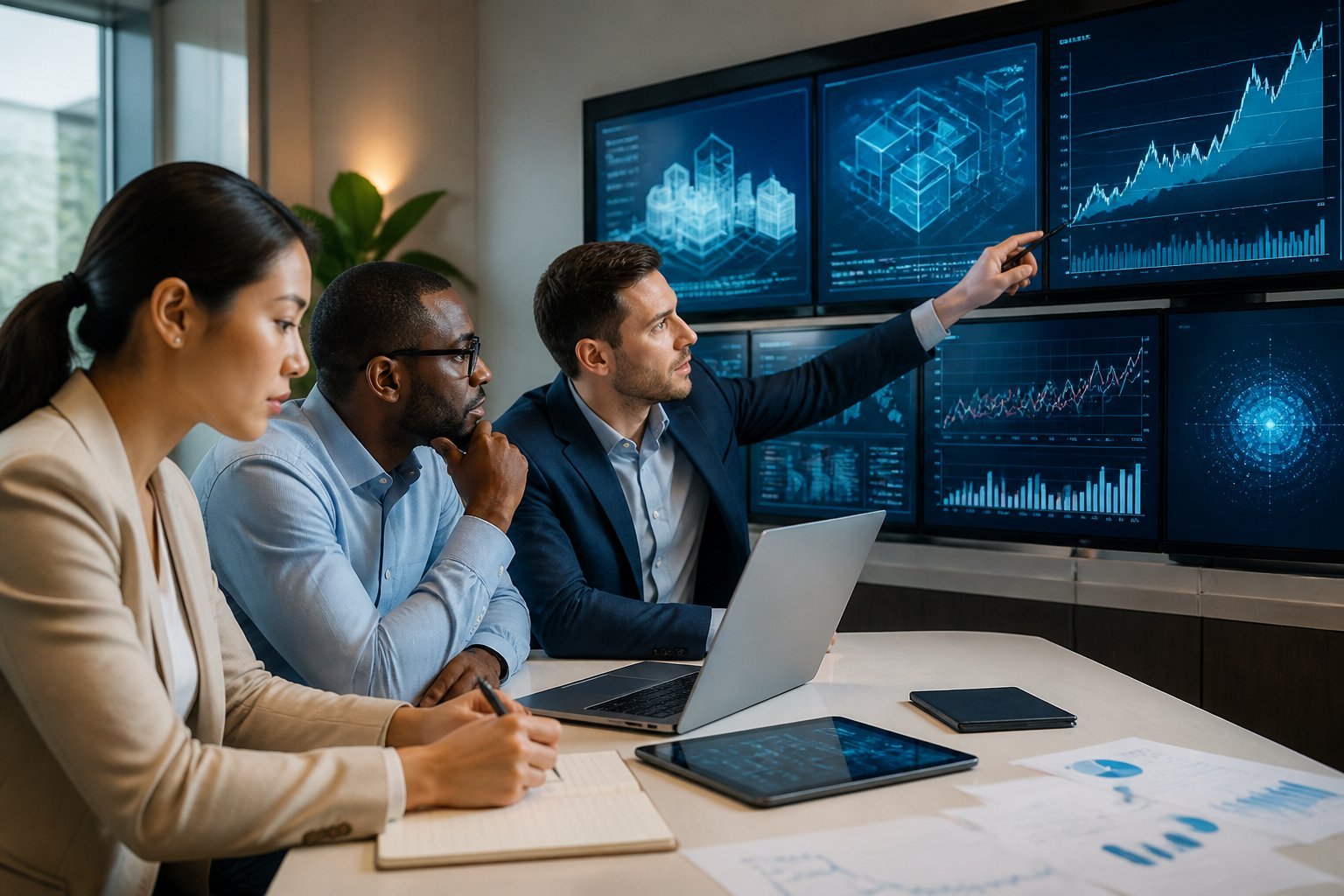 Business analysts review financial projections and digital market data in a modern office.