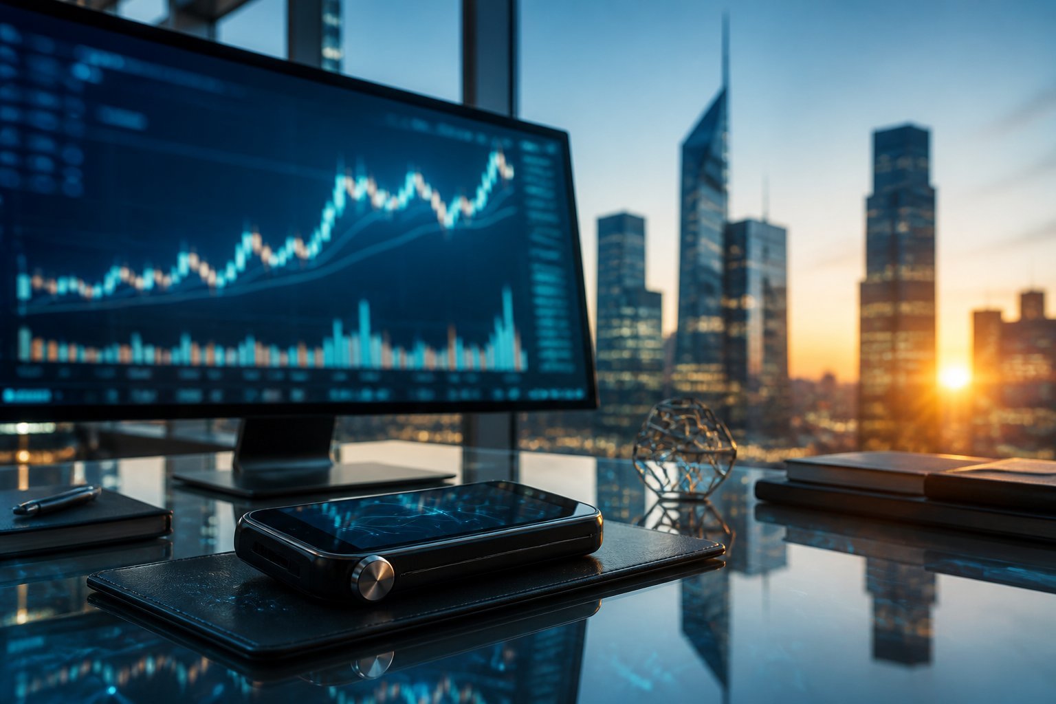 A modern financial workspace with abstract market charts, a digital wallet device, and a glowing city skyline at sunrise.