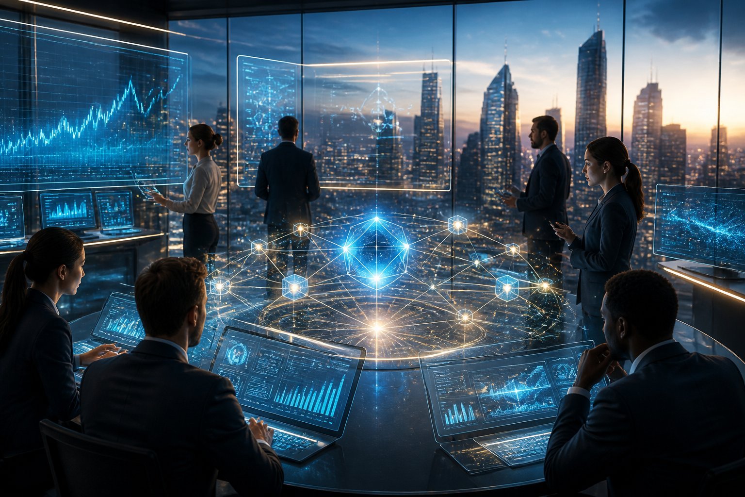 Analysts examine an abstract digital asset network connected to growth charts, secure technology, and a modern city skyline.