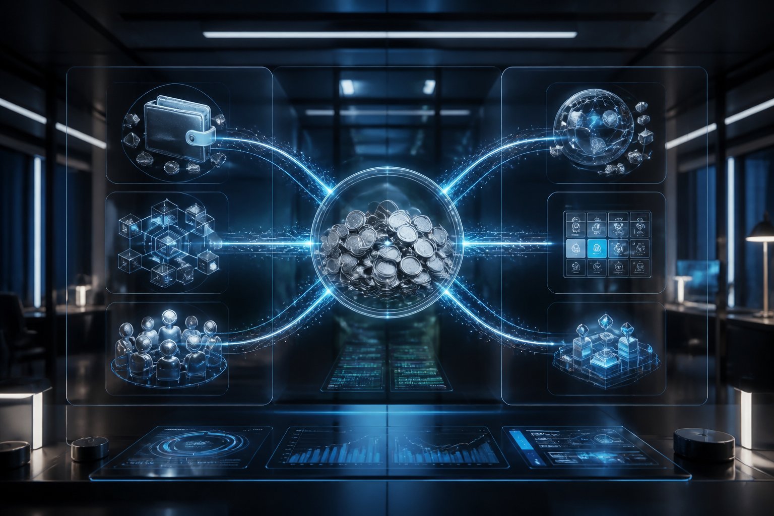 A digital token network distributes glowing tokens across connected blockchain ecosystem nodes.