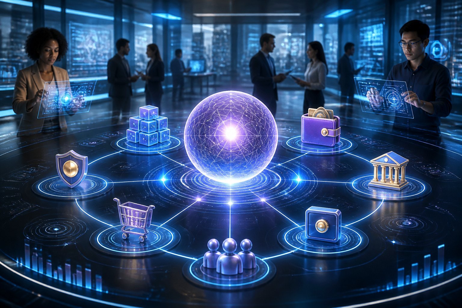 A connected digital blockchain ecosystem with a central token-like core and surrounding applications, networks, and professionals.