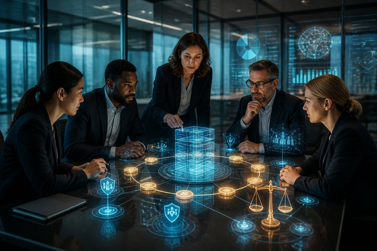Professionals review a transparent blockchain network and digital asset governance visuals in a modern financial technology meeting room.