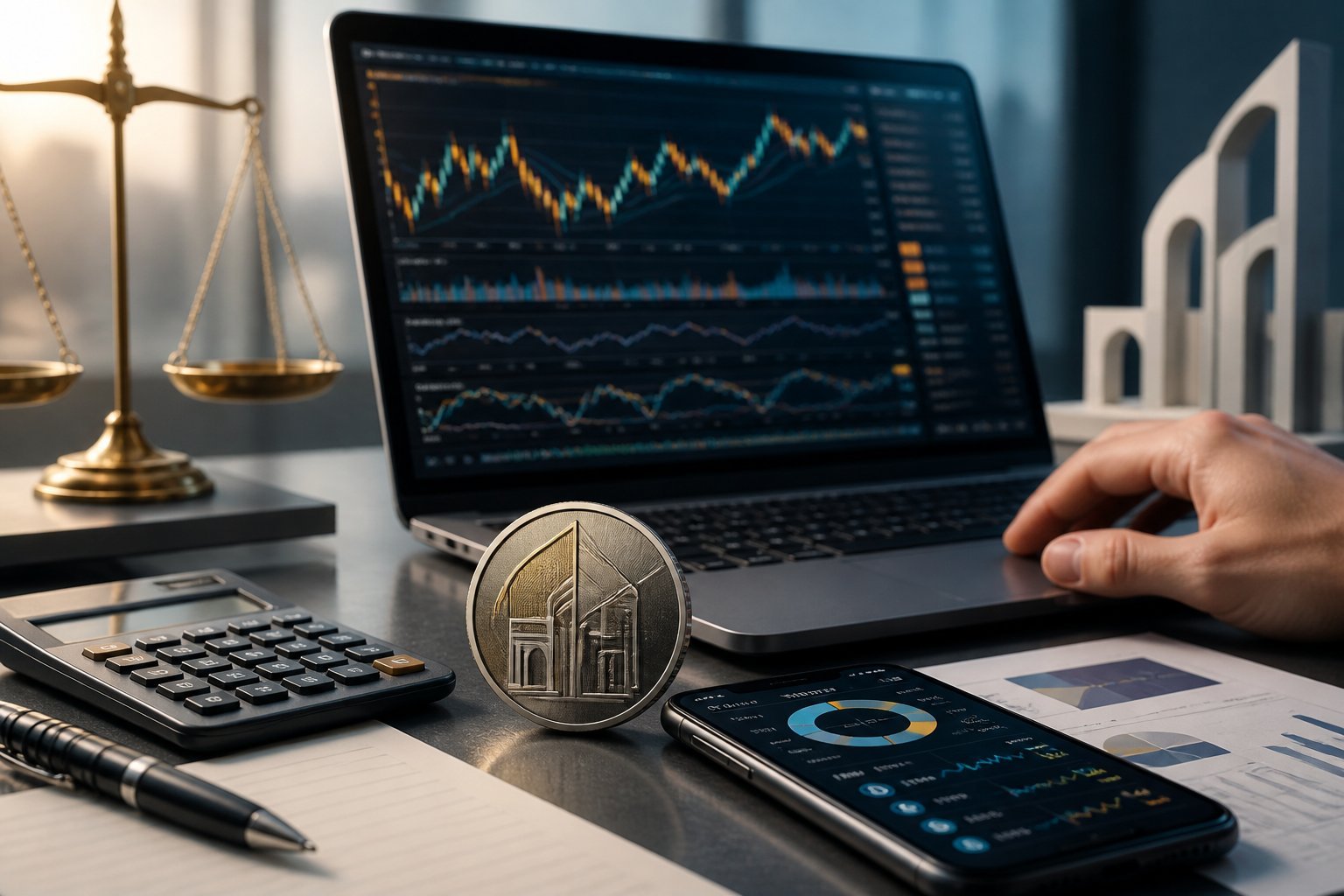 A financial analysis workspace with a generic cryptocurrency coin, market charts, calculator, and architectural model.