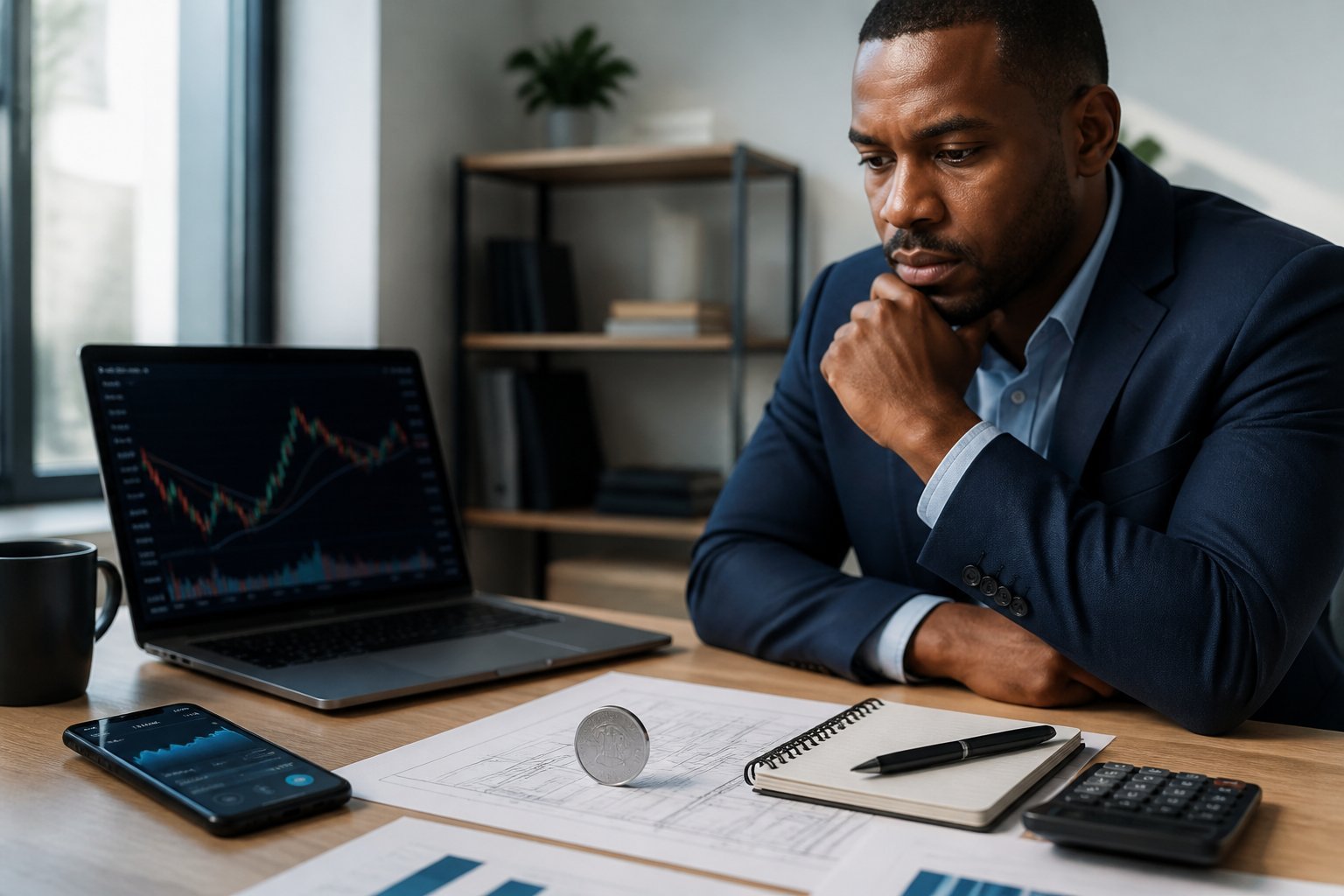 A professional investor reviews cryptocurrency analysis materials beside a laptop, smartphone, and blank coin-like token.