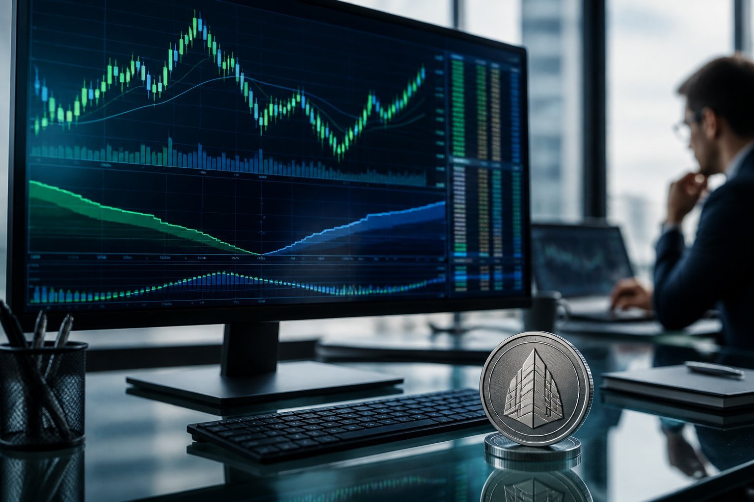 A professional analyst studies abstract cryptocurrency market charts beside a generic digital coin on a modern desk.