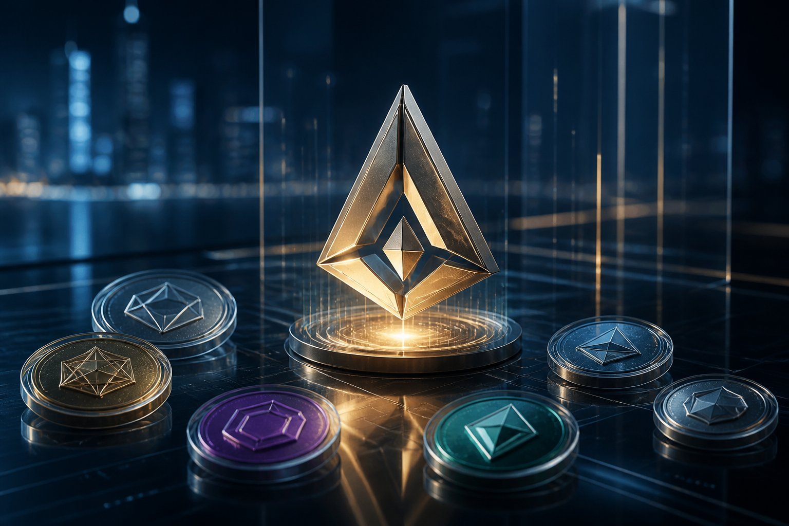 A central digital coin stands prominently among several other emerging cryptocurrency coins on a sleek reflective surface.