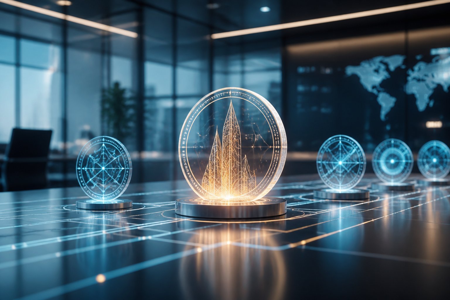 A central digital coin stands out among several smaller emerging cryptocurrency coins in a modern technology workspace.