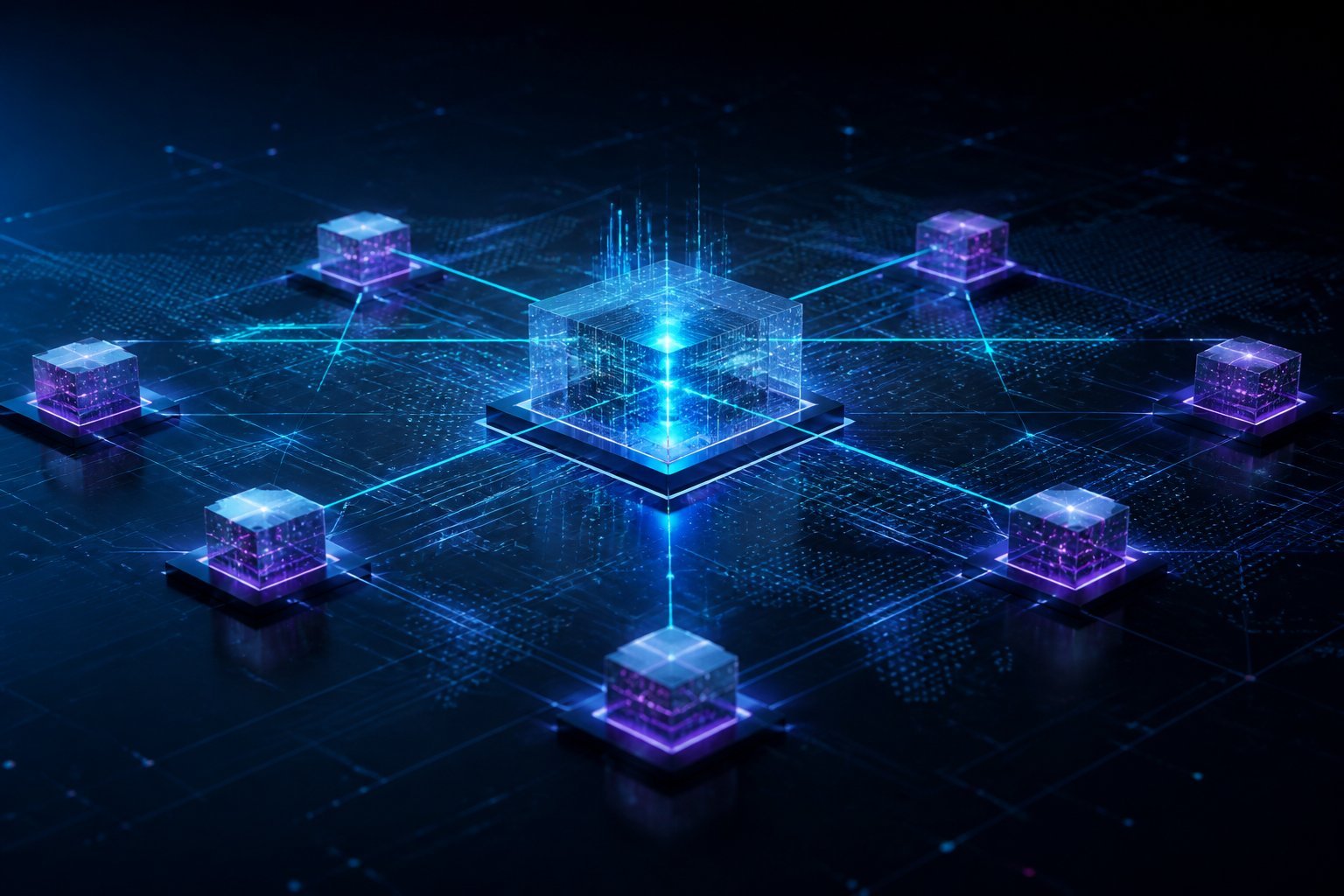 A glowing central blockchain network connects to several surrounding digital nodes on a dark futuristic background.